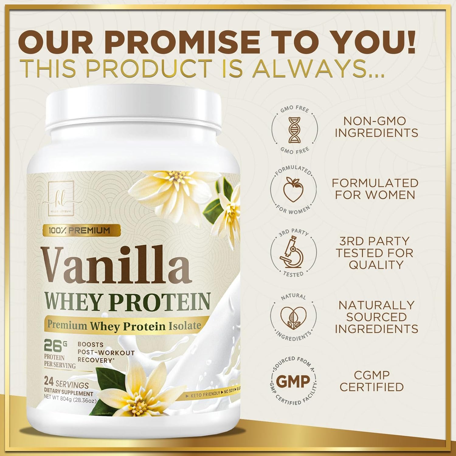 Creamy Vanilla Whey Isolate Protein Powder - 26g Protein & BCAAs for Muscle Growth & Recovery - Gluten Free - Fast Absorbing - 24 Servings