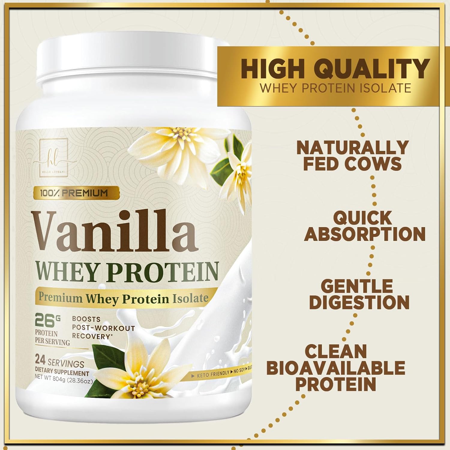 Creamy Vanilla Whey Isolate Protein Powder - 26g Protein & BCAAs for Muscle Growth & Recovery - Gluten Free - Fast Absorbing - 24 Servings