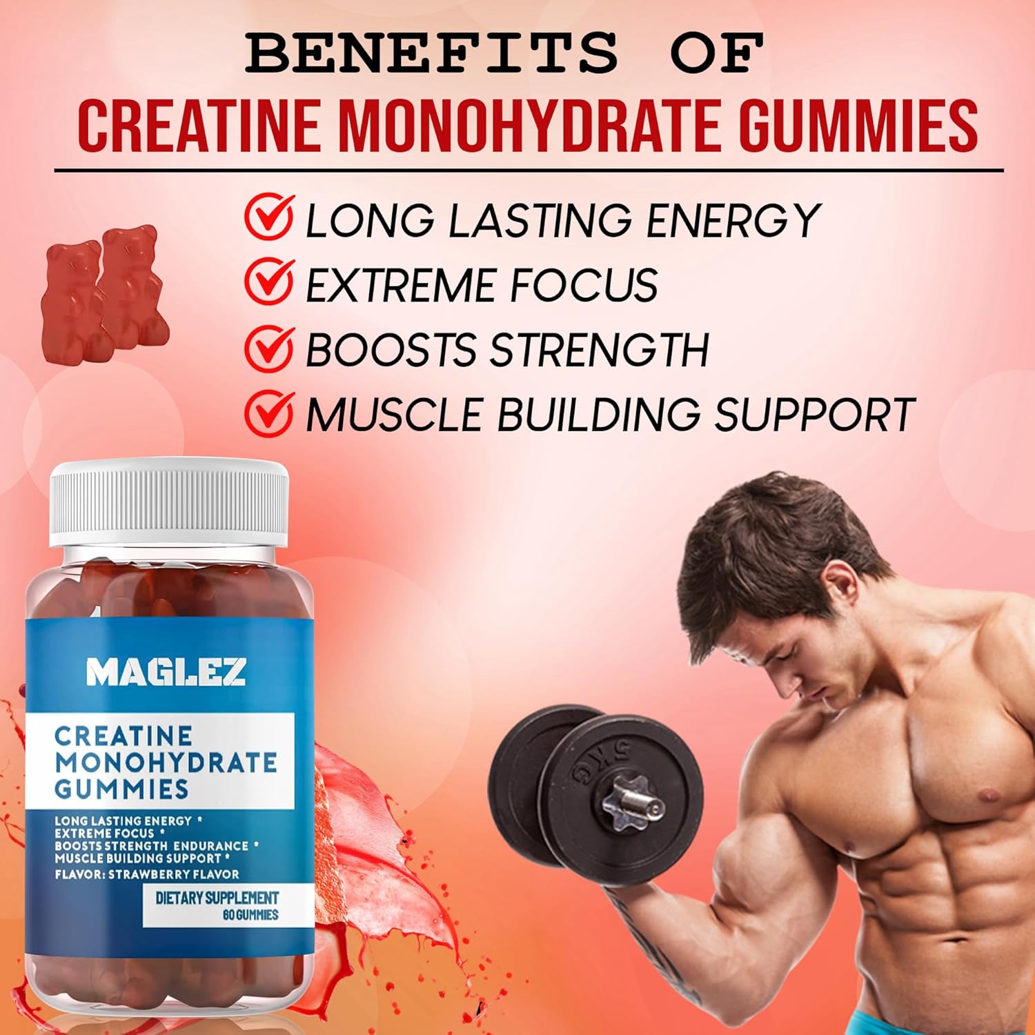 Creatine Gummies for Strength & Muscle Builder - 2g Per Gummy - Workout Recovery, Anaerobic Endurance - Vegan & Gluten-Free Formula, No Bloating - BoostGo Australia