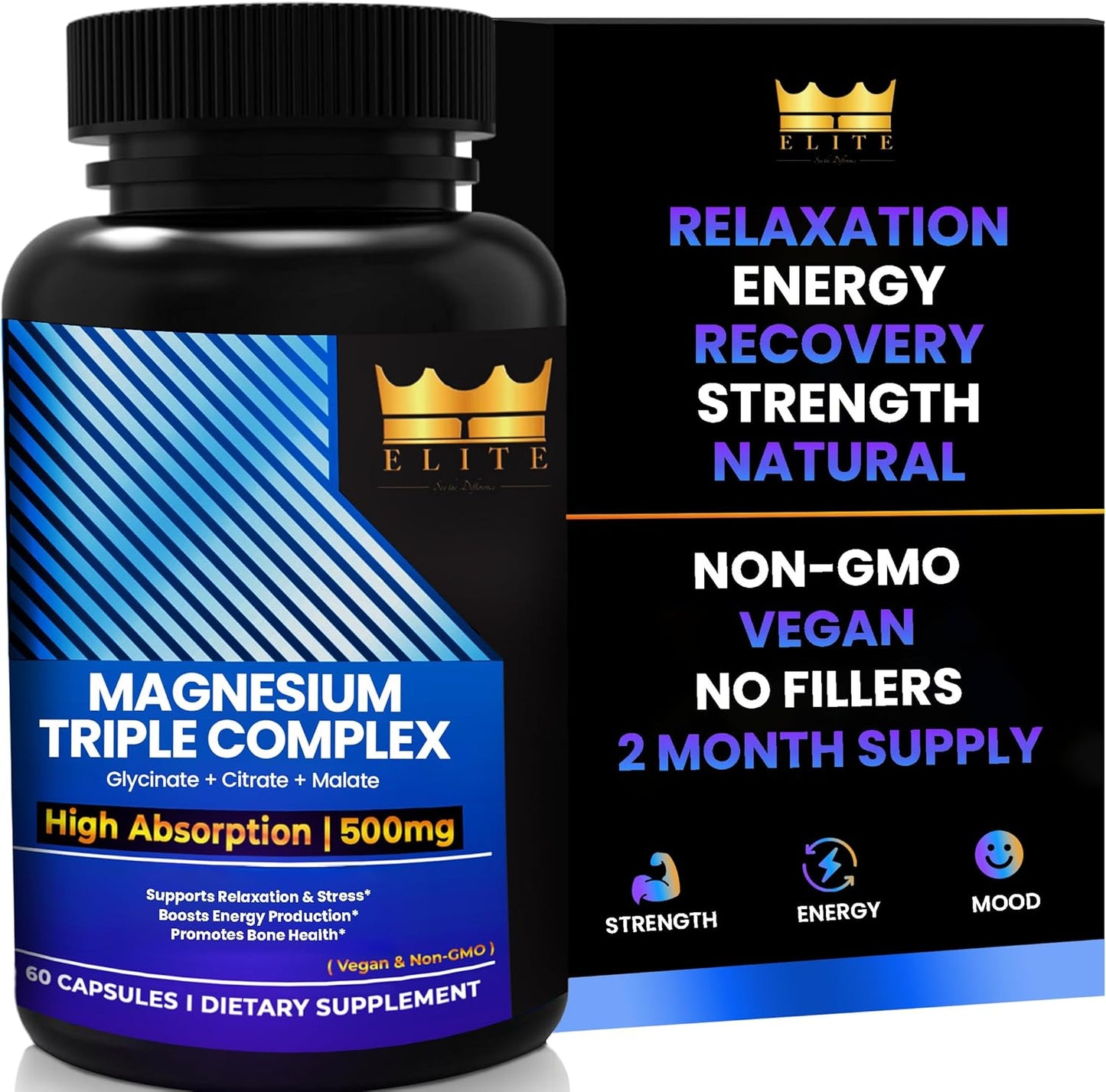 Crown Elite Premium Magnesium Supplement - Triple Complex for Immune, Muscle, Nerve Function | High Absorption | Non-GMO, Vegan | 500mg, 2 Month Supply