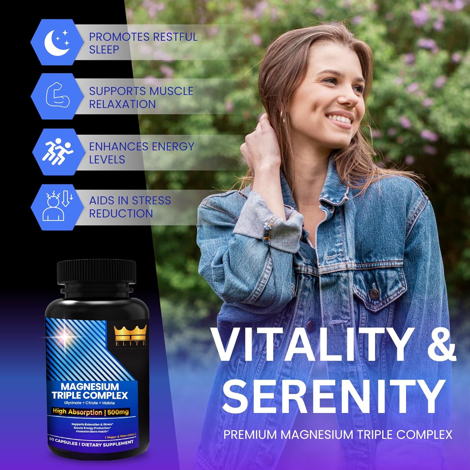 Crown Elite Premium Magnesium Supplement - Triple Complex for Immune, Muscle, Nerve Function | High Absorption | Non-GMO, Vegan | 500mg, 2 Month Supply