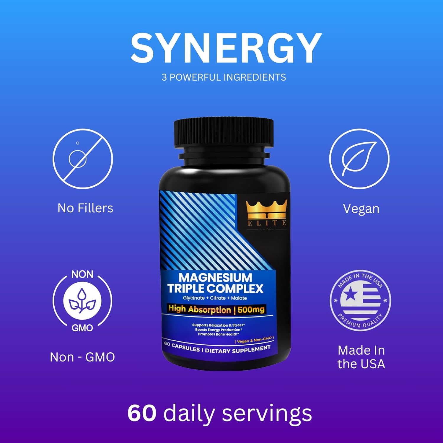 Crown Elite Premium Magnesium Supplement - Triple Complex for Immune, Muscle, Nerve Function | High Absorption | Non-GMO, Vegan | 500mg, 2 Month Supply