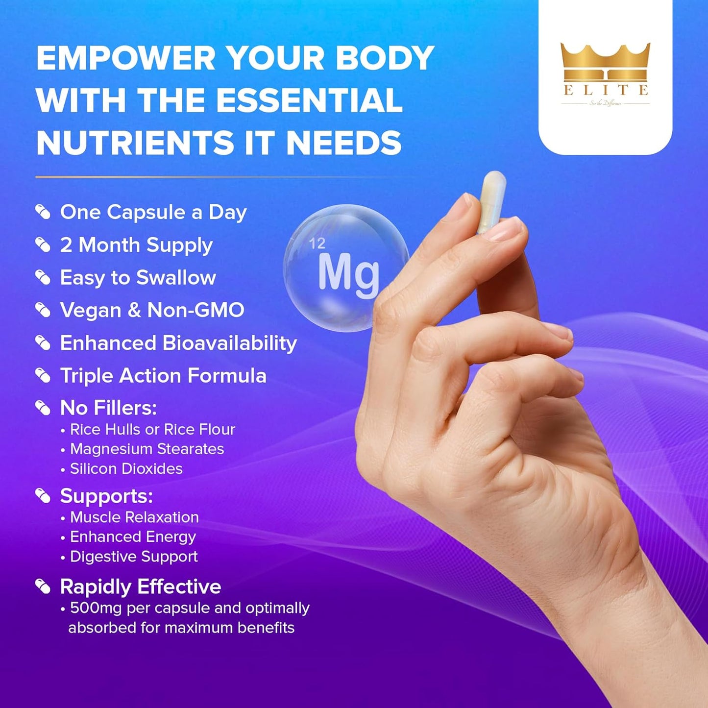 Crown Elite Premium Magnesium Supplement - Triple Complex for Immune, Muscle, Nerve Function | High Absorption | Non-GMO, Vegan | 500mg, 2 Month Supply