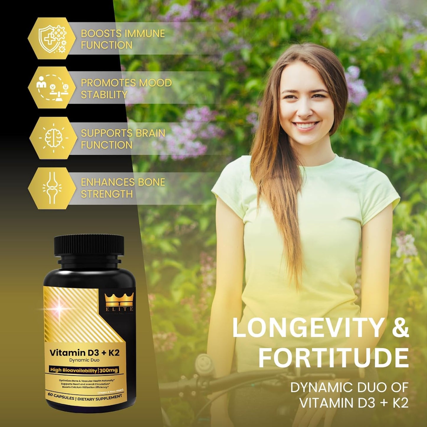 Crown Elite Premium Vitamin D3 & K2 Supplement 5000 IU & 100 mcg | Heart & Immune Support Vegan Capsules | Non-GMO, Organic