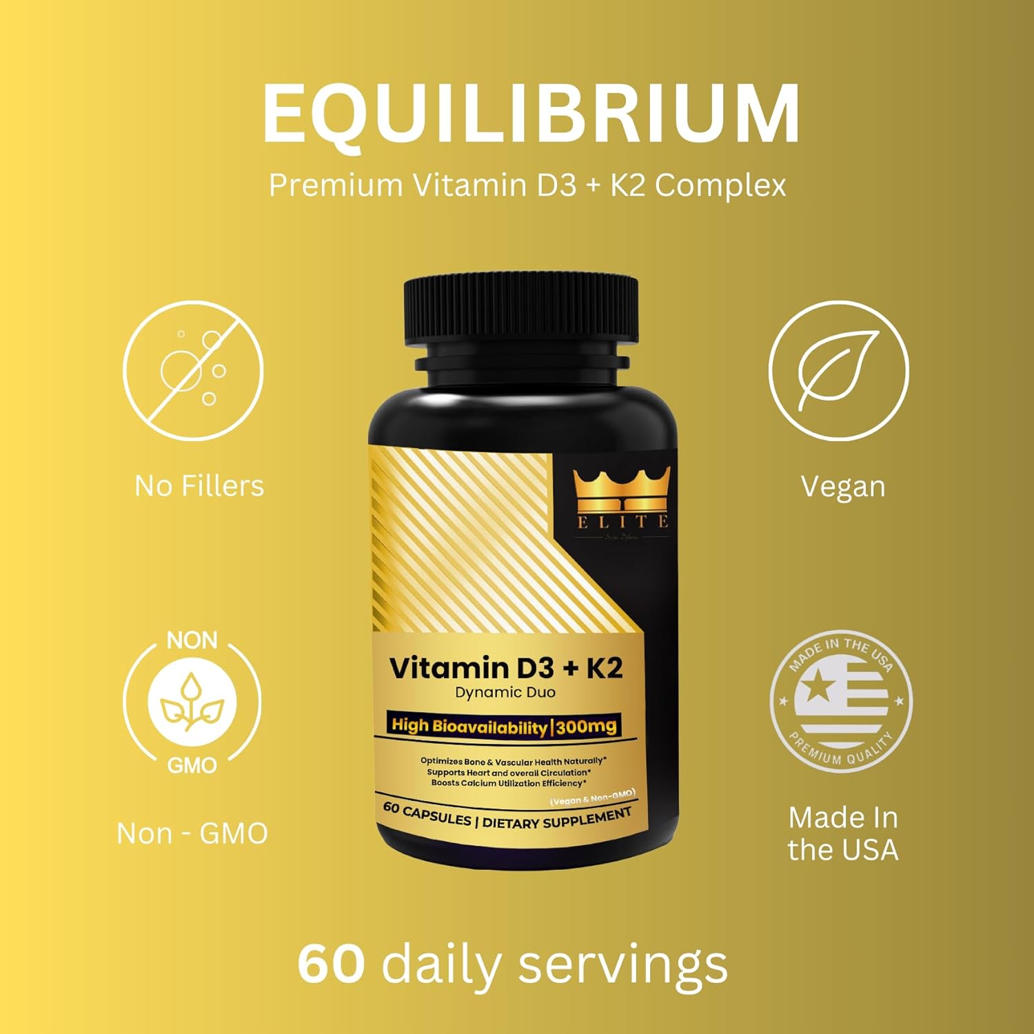 Crown Elite Premium Vitamin D3 & K2 Supplement 5000 IU & 100 mcg | Heart & Immune Support Vegan Capsules | Non-GMO, Organic