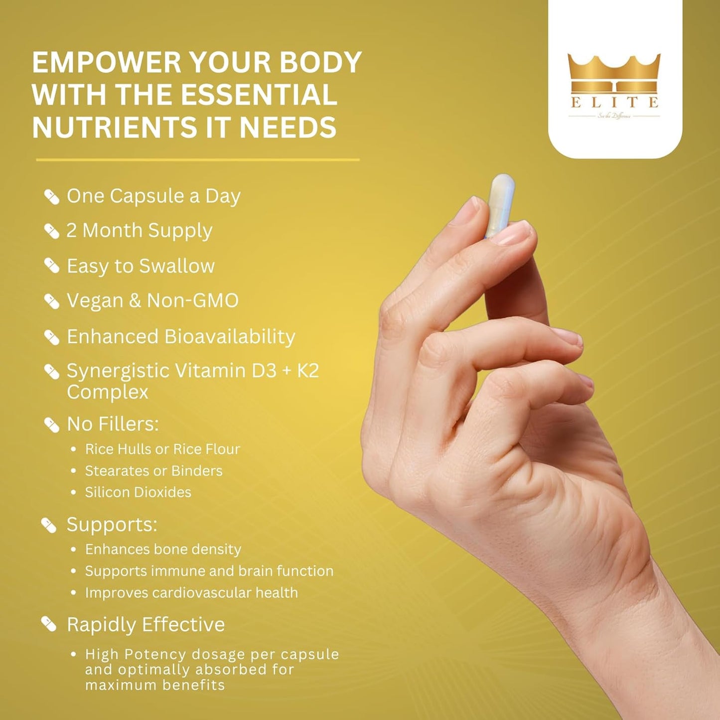 Crown Elite Premium Vitamin D3 & K2 Supplement 5000 IU & 100 mcg | Heart & Immune Support Vegan Capsules | Non-GMO, Organic
