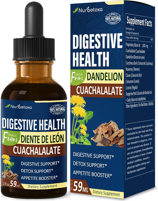 Cuachalalate & Corteza de Cocolmeca Digestive Health Drops - Gut Support Supplement with Cinnamon & Dandelion Extract Liquid - Bloating Relief & Detox Cleanse - 2oz