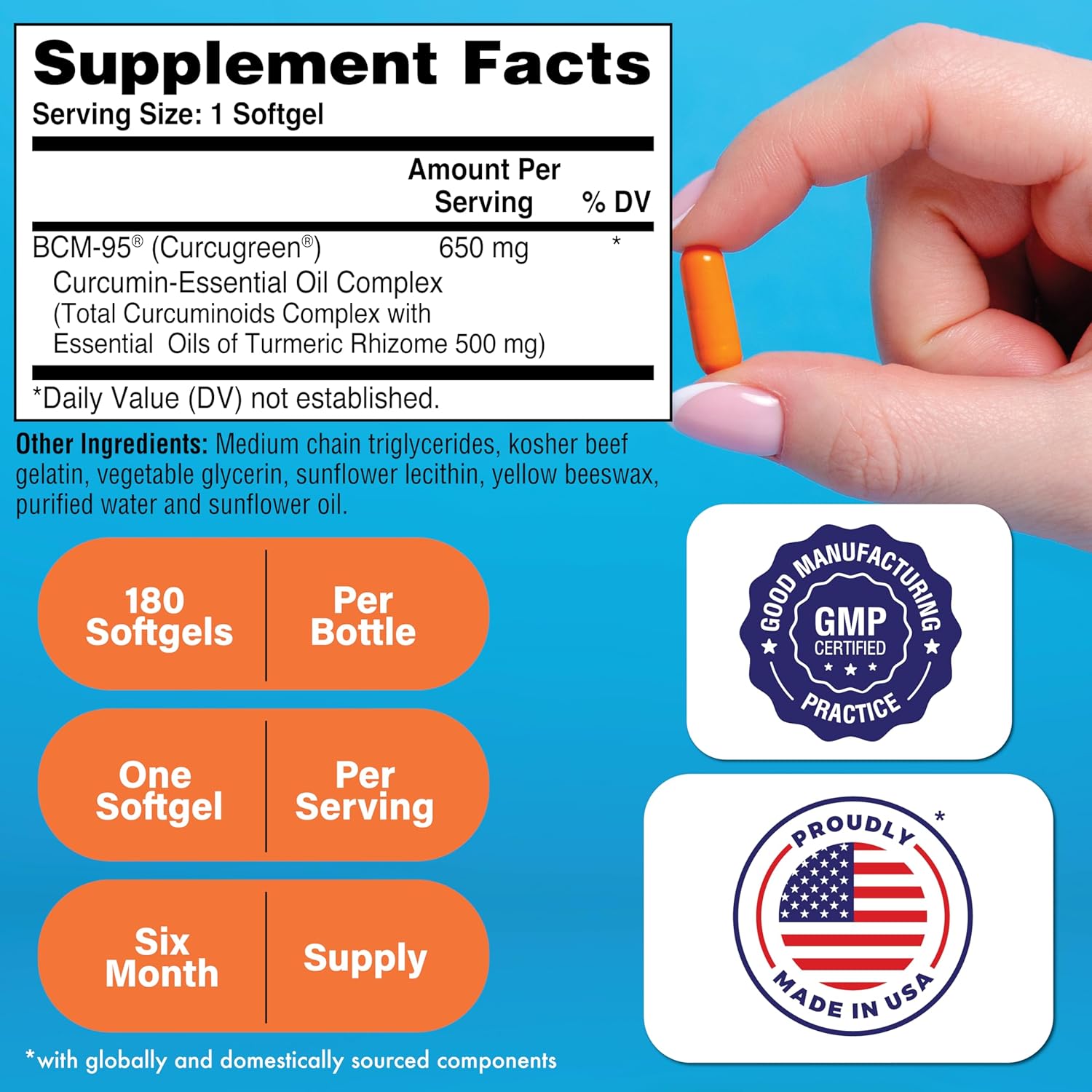 Curcu-Gel 650mg BCM-95® CurcuGreen Turmeric Curcumin Capsules - 180 Count - High Absorption Formula for Healthy Inflammation Response - Clinically Proven & Non-GMO - BoostGo Australia