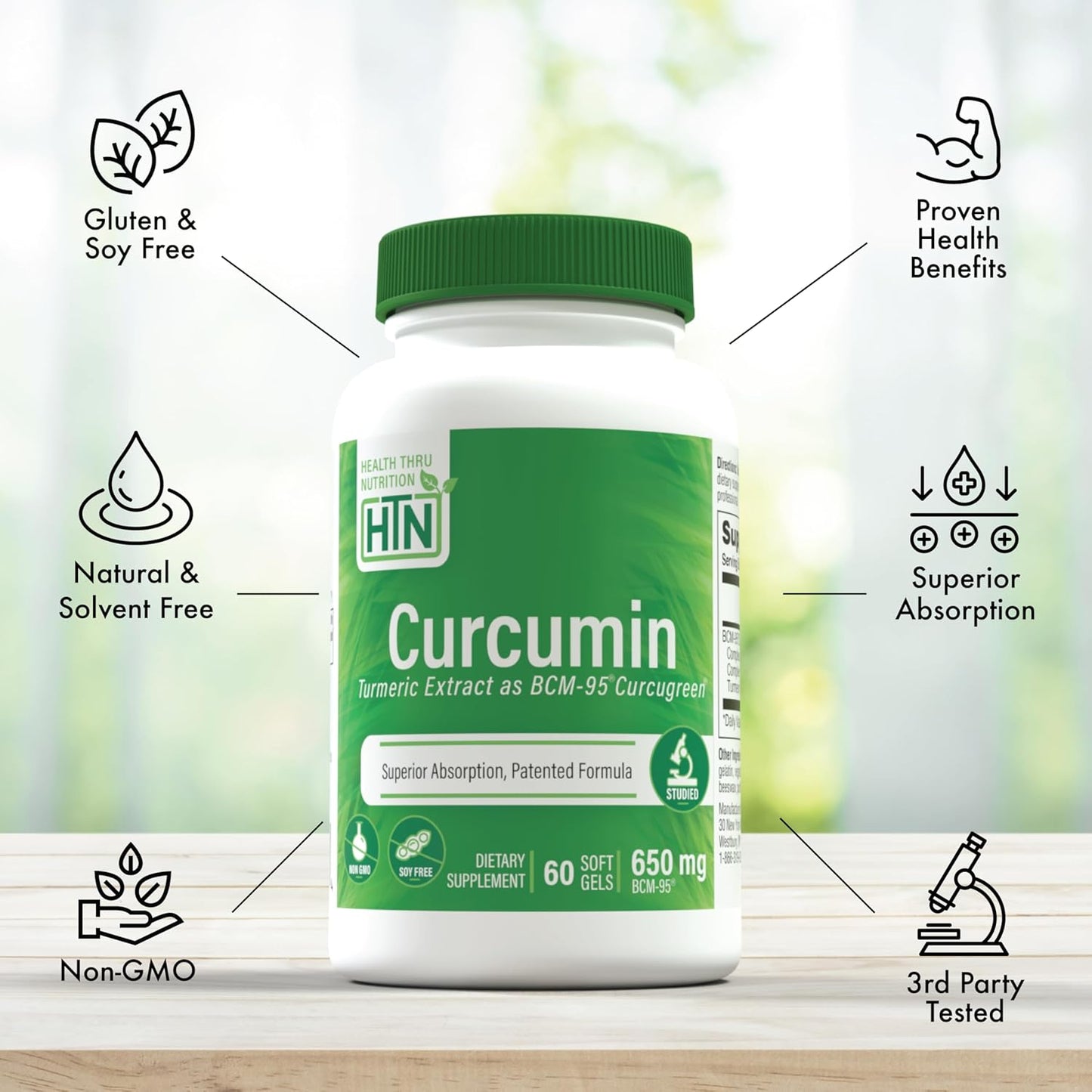Curcumin 650mg BCM-95 Curcugreen Complex for Healthy Inflammation | High Absorption Turmeric | Clinically Studied | Non-GMO | Pack of 60