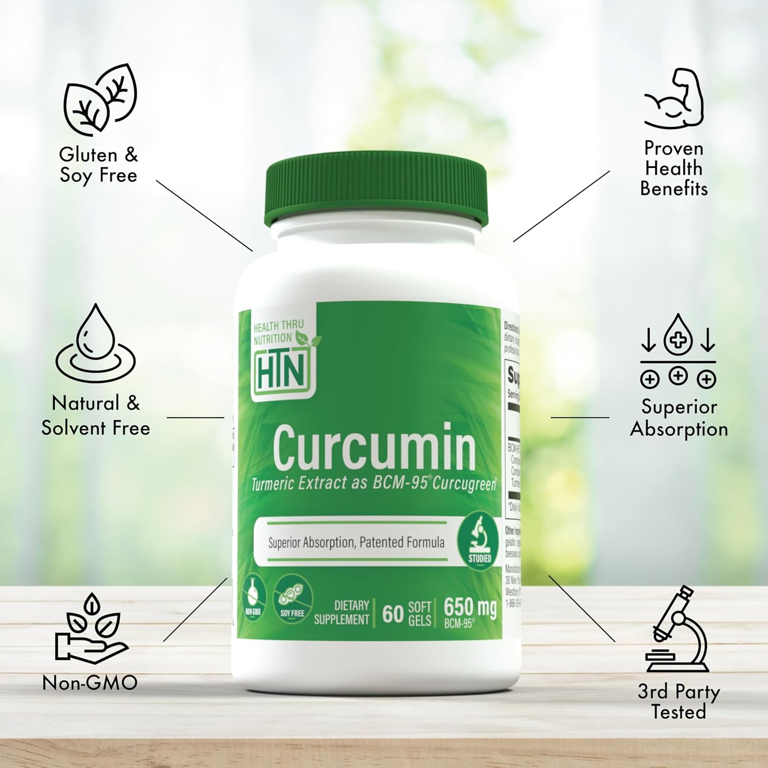 Curcumin 650mg BCM-95 Curcugreen Complex for Healthy Inflammation | High Absorption Turmeric | Clinically Studied | Non-GMO | Pack of 60