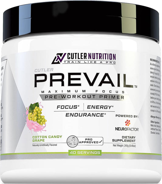 Cutler Nutrition Prevail Pre Workout Powder: Energy and Focus Supplement with Nootropics, L Citrulline, Alpha GPC, L Tyrosine - Cotton Candy Grape, 40 Servings for Men and Women