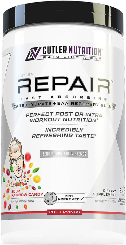 Cutler Nutrition Repair Post Workout Recovery Drink with Fast-Absorbing Carbs and BCAAs for Muscle Recovery, Sour Rainbow Candy Flavor, 20 Servings