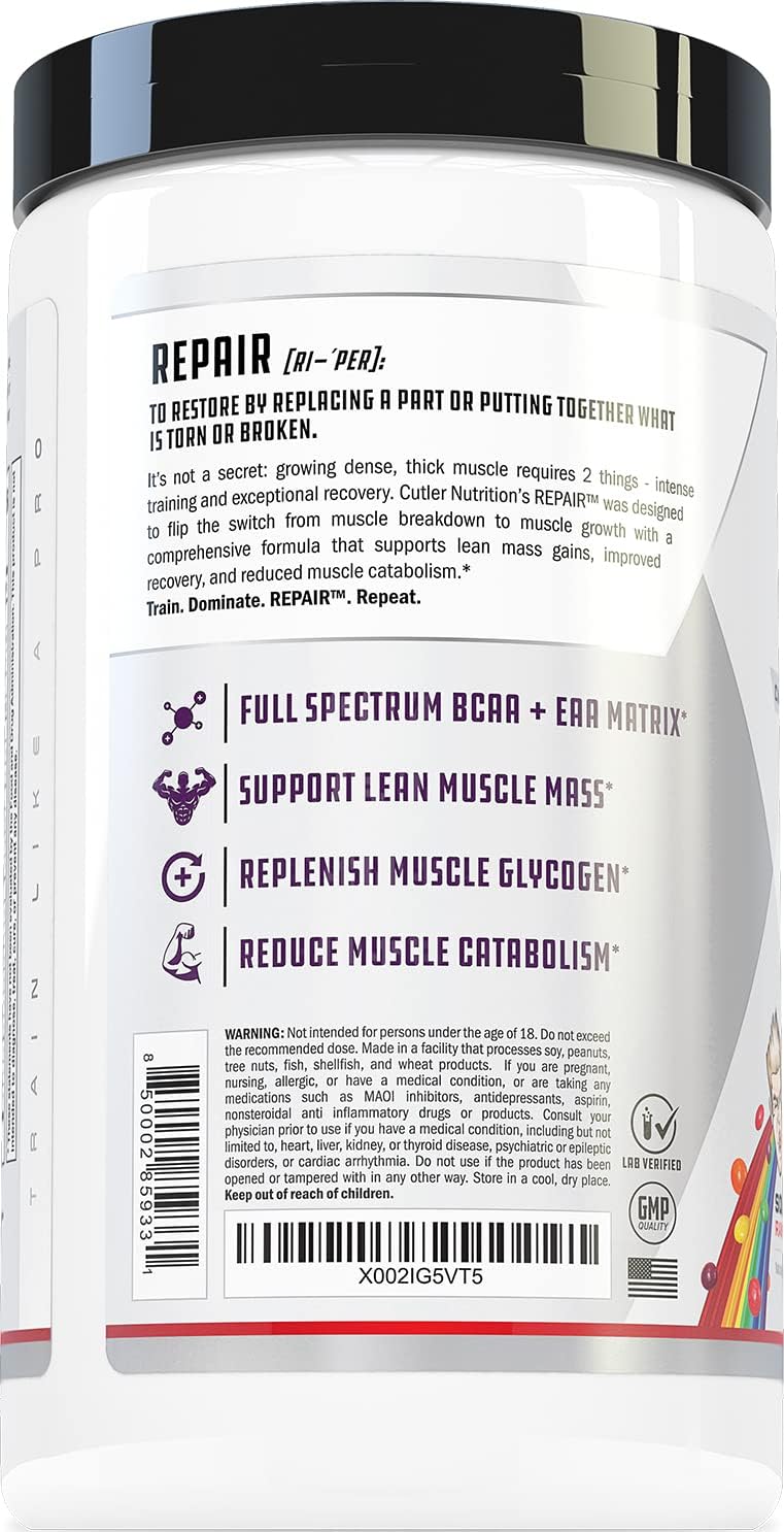 Cutler Nutrition Repair Post Workout Recovery Drink with Fast-Absorbing Carbs and BCAAs for Muscle Recovery, Sour Rainbow Candy Flavor, 20 Servings