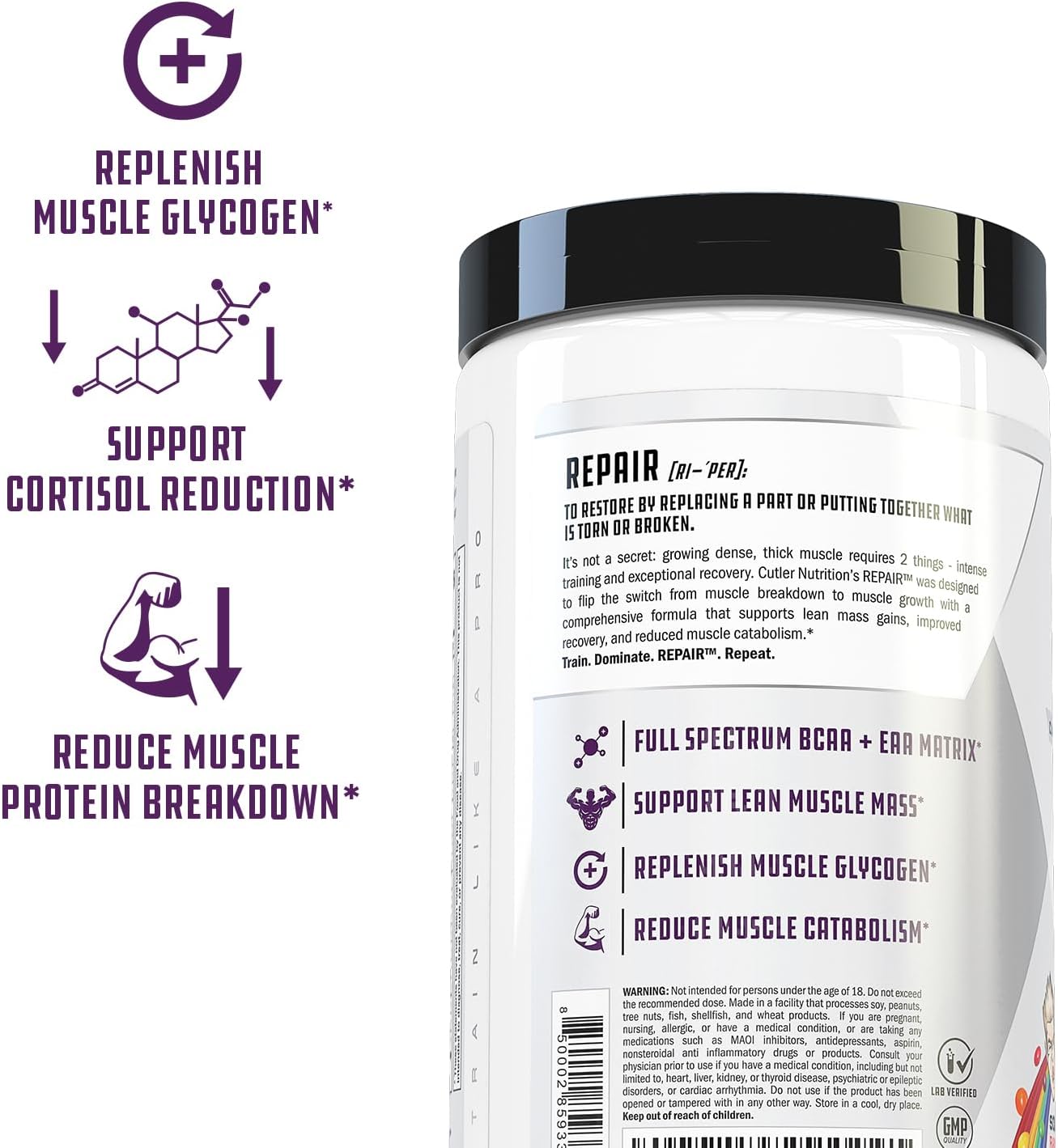 Cutler Nutrition Repair Post Workout Recovery Drink with Fast-Absorbing Carbs and BCAAs for Muscle Recovery, Sour Rainbow Candy Flavor, 20 Servings