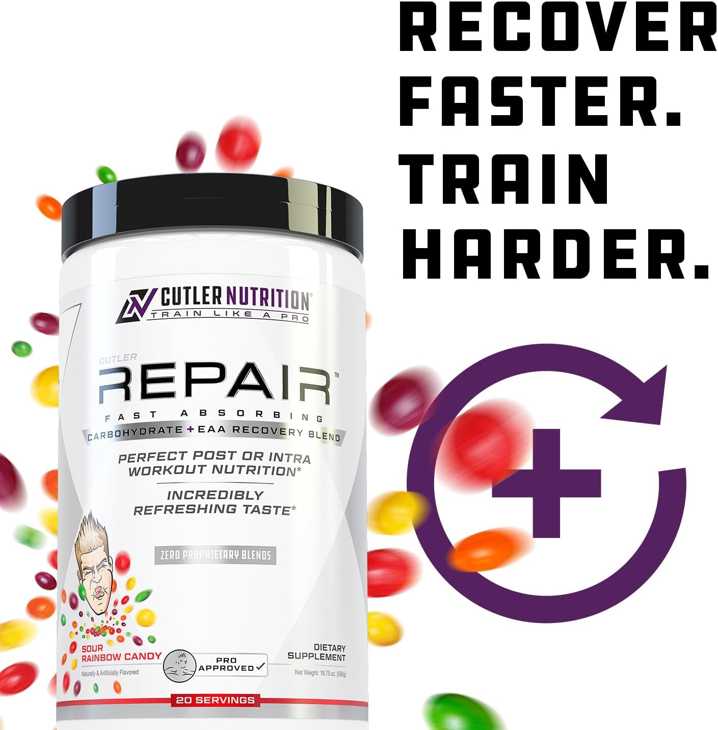 Cutler Nutrition Repair Post Workout Recovery Drink with Fast-Absorbing Carbs and BCAAs for Muscle Recovery, Sour Rainbow Candy Flavor, 20 Servings