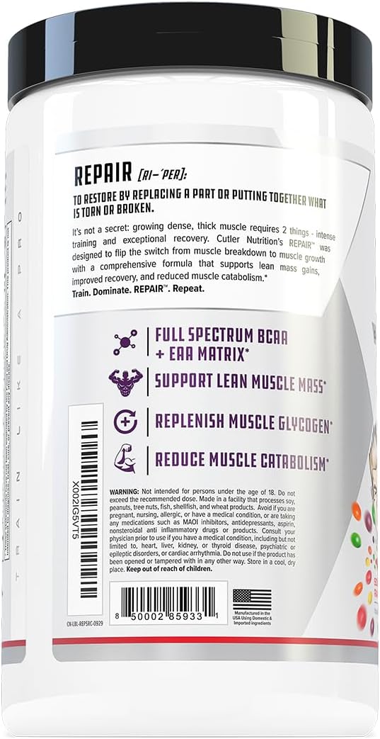 Cutler Nutrition Repair Post Workout Recovery Drink with Fast-Absorbing Carbs and BCAAs for Muscle Recovery, Sour Rainbow Candy Flavor, 20 Servings