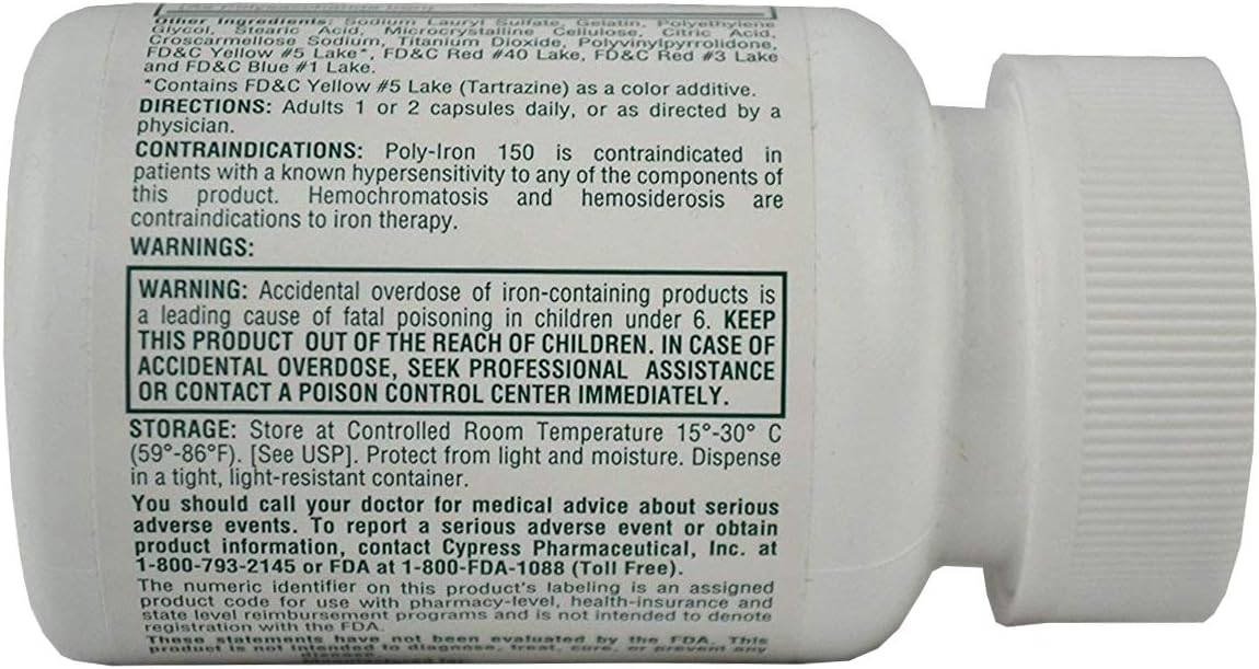 Cypress Pharmaceutical Poly-Iron 150 Capsules - Comparable to Niferex 150, 100 Capsules