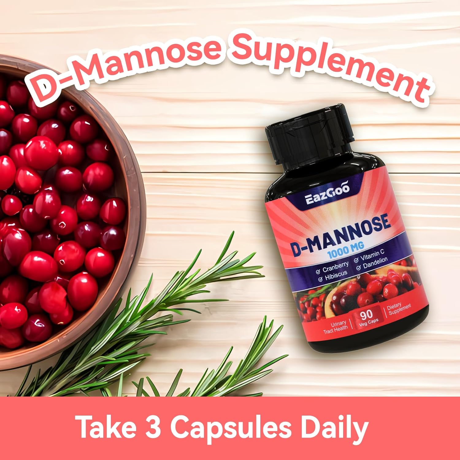 D-Mannose 1000mg Capsules with Cranberry & Vitamin C - 90 Count (Pack of 2)