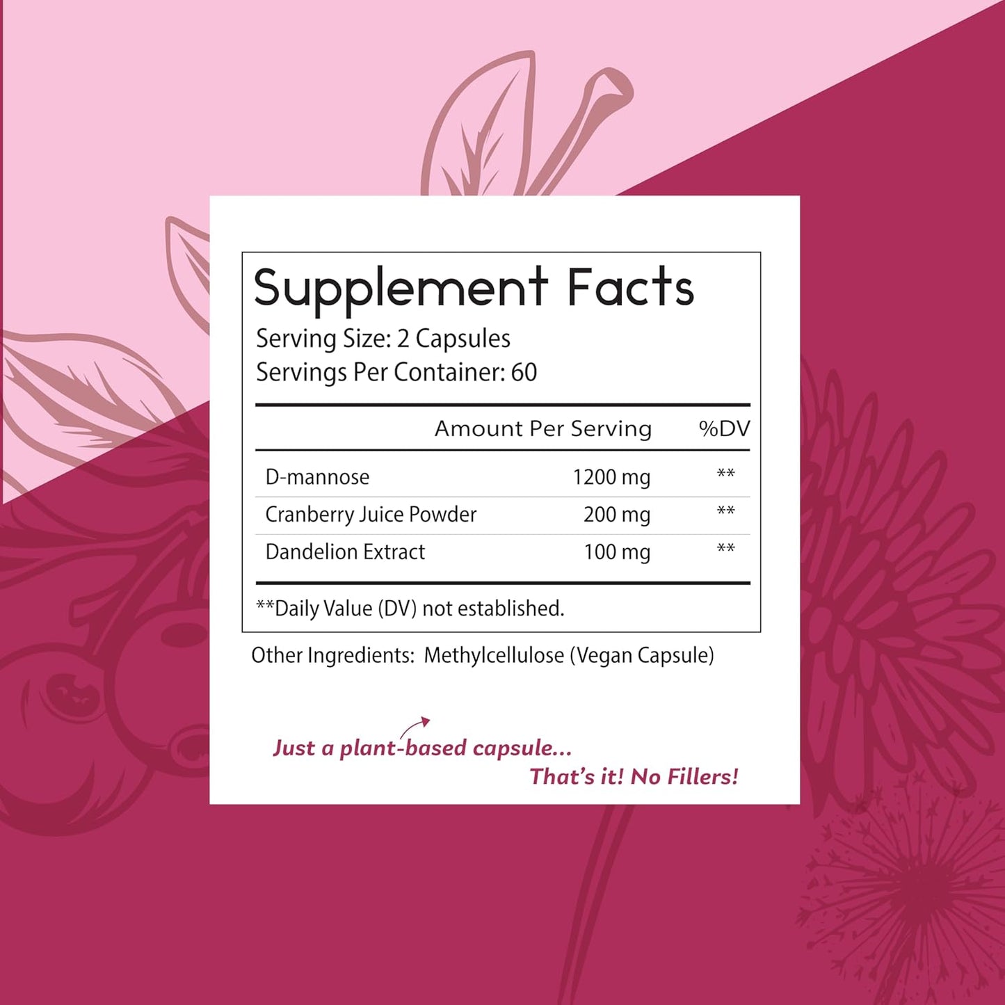 D-Mannose 1200mg Capsules with Cranberry and Dandelion - Natural UTI Support - Vegan Formula - 120 Capsules