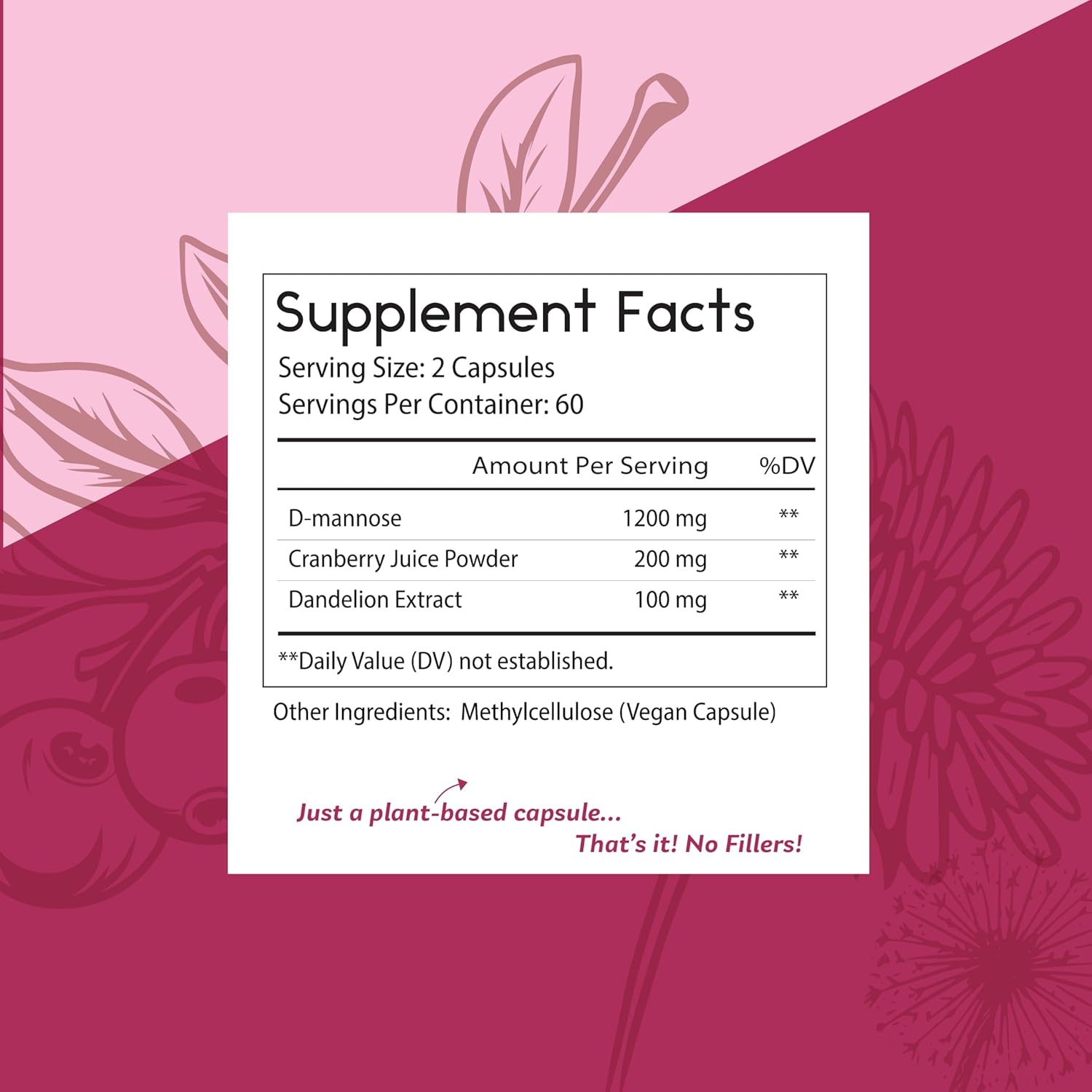 D-Mannose 1200mg Capsules with Cranberry and Dandelion - Natural UTI Support - Vegan Formula - 120 Capsules