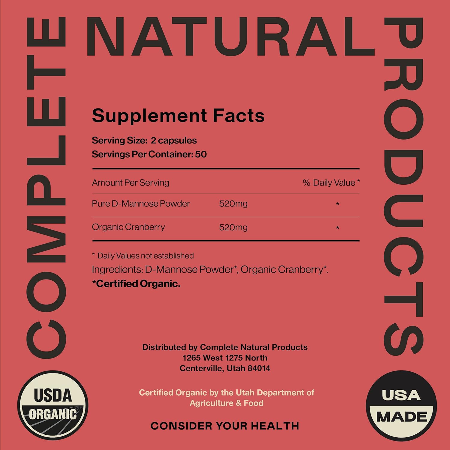 D-Mannose & Cranberry Capsules - 100 Capsules, 1040mg for Urinary Tract Health & UT Flush