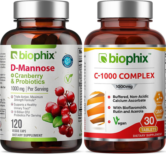 D-Mannose with Cranberry Probiotics 1000mg Vcaps - 120 Count + Free Vitamin C-1000 Tablets - Promotes Urinary and Digestive Health