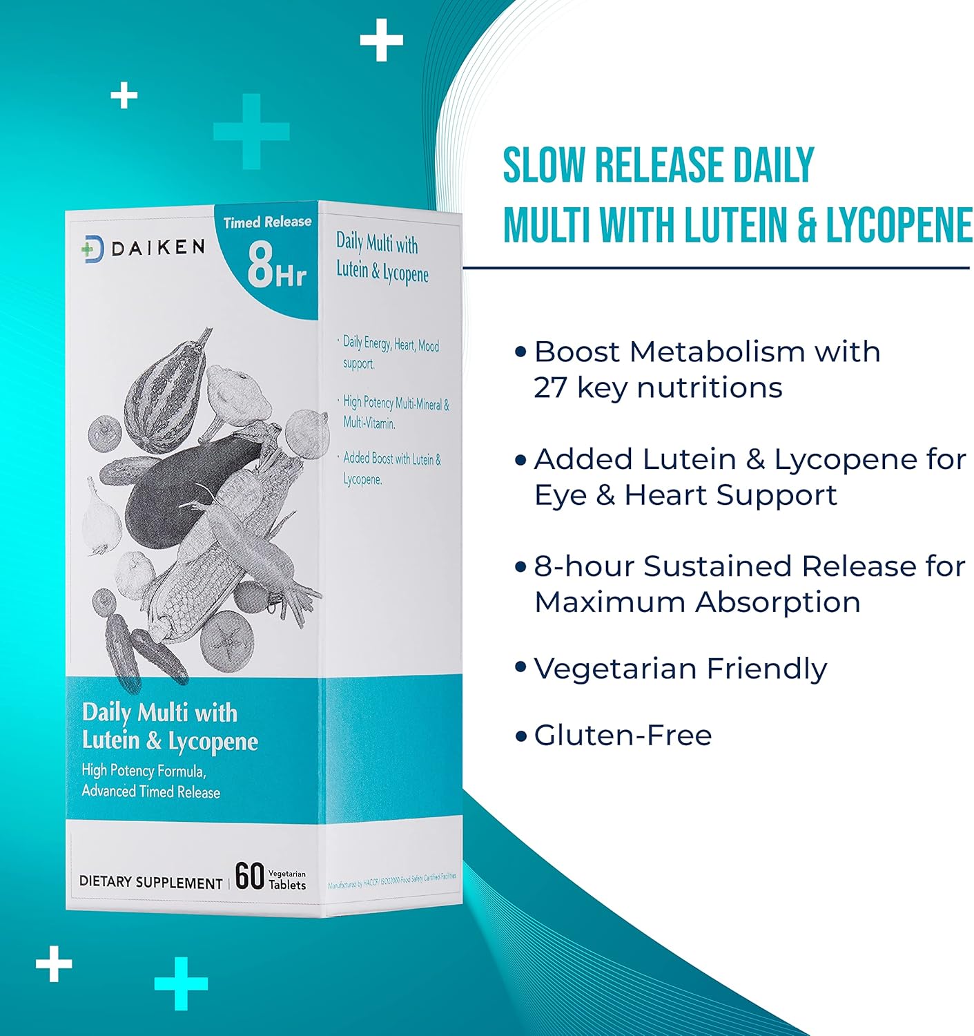 DAIKEN 27 Full Spectrum Mini Multivitamin with Lutein, Lycopene, and Folic Acid - Time Released, Vegan Formula for Women and Men - 60 Easy-to-Swallow Tablets