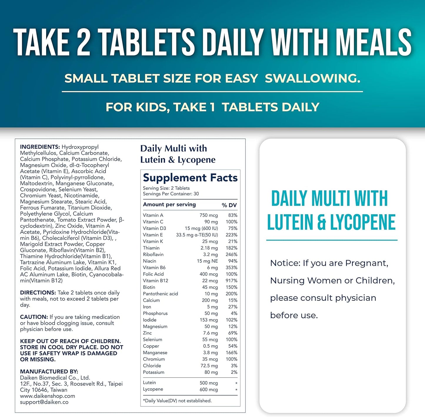 DAIKEN 27 Full Spectrum Mini Multivitamin with Lutein, Lycopene, and Folic Acid - Time Released, Vegan Formula for Women and Men - 60 Easy-to-Swallow Tablets