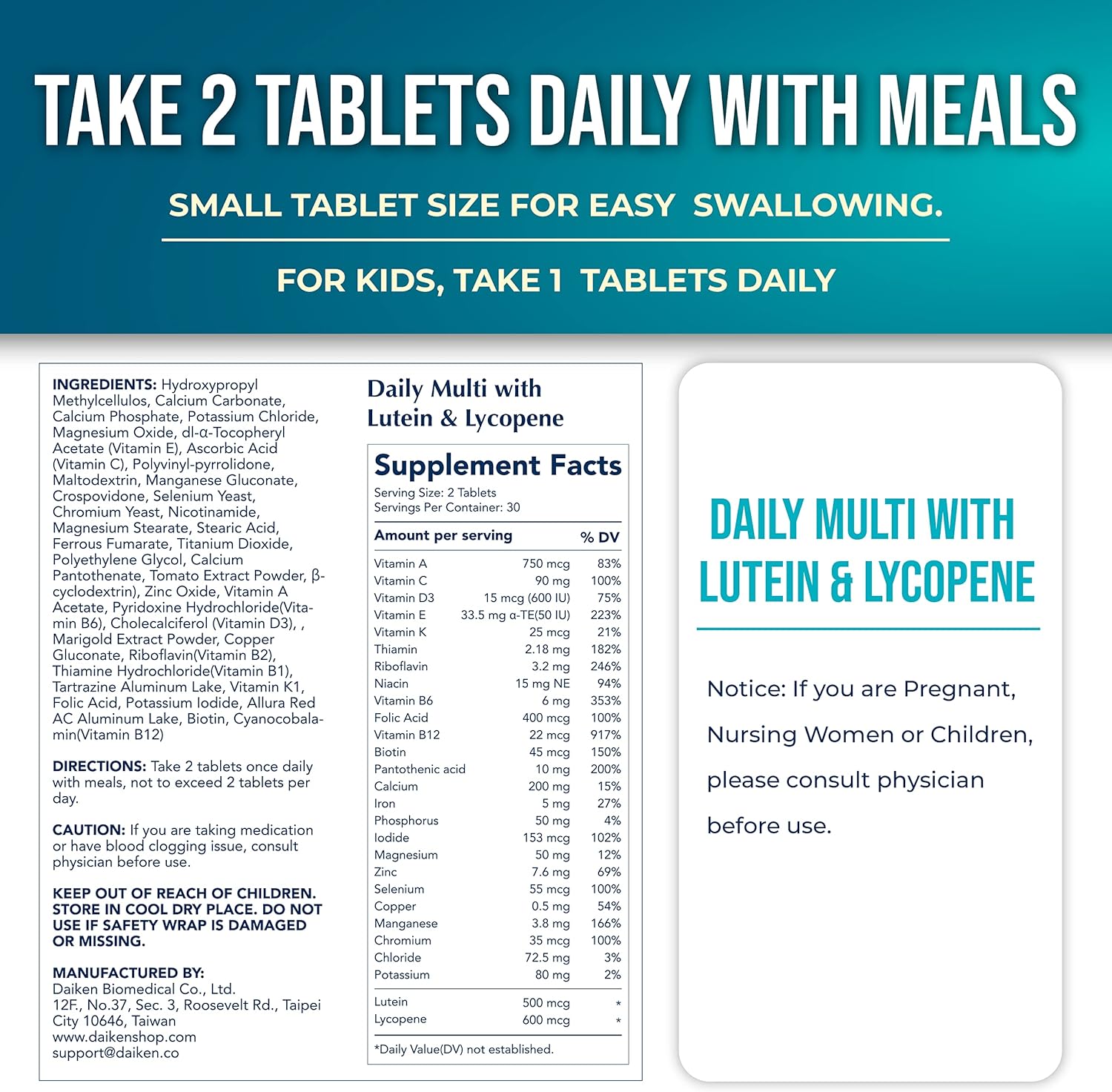 DAIKEN 27 Full Spectrum Mini Multivitamin with Lutein, Lycopene, and Folic Acid - Time Released, Vegan Formula for Women and Men - 60 Easy-to-Swallow Tablets