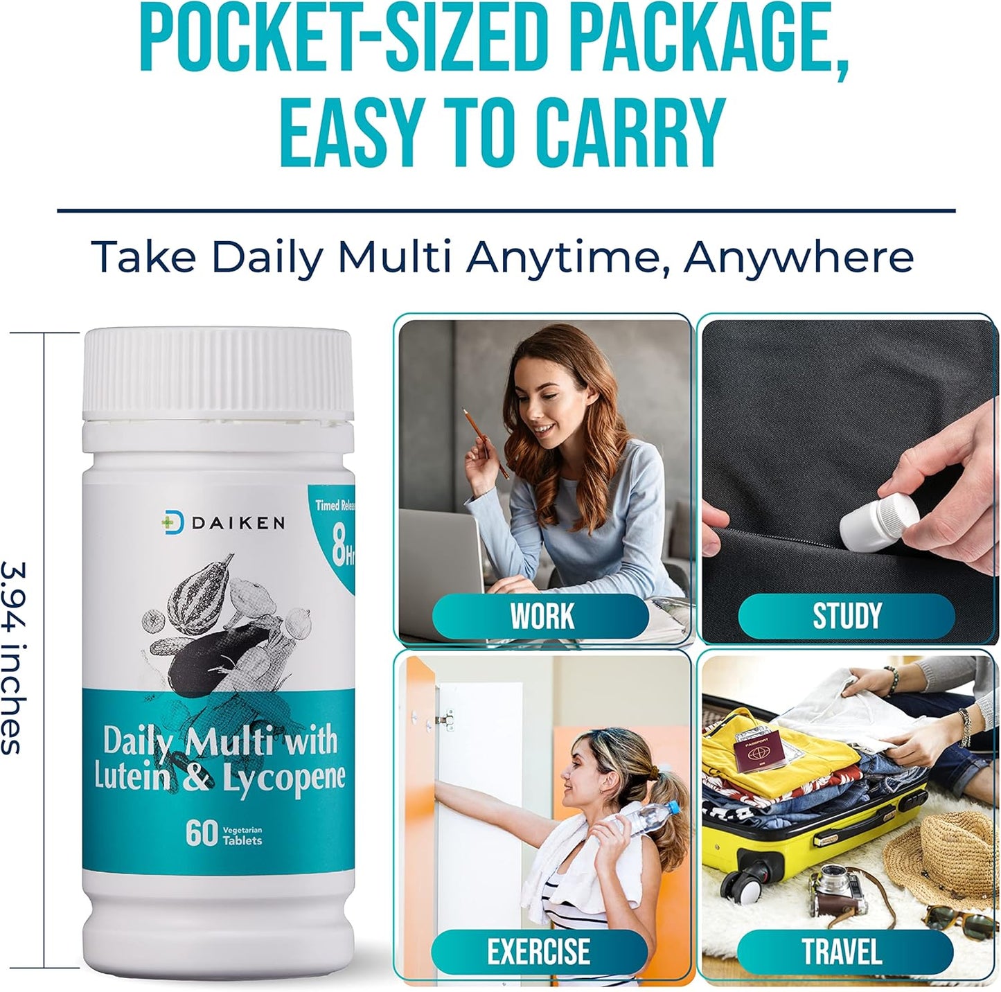 DAIKEN 27 Full Spectrum Mini Multivitamin with Lutein, Lycopene, and Folic Acid - Time Released, Vegan Formula for Women and Men - 60 Easy-to-Swallow Tablets