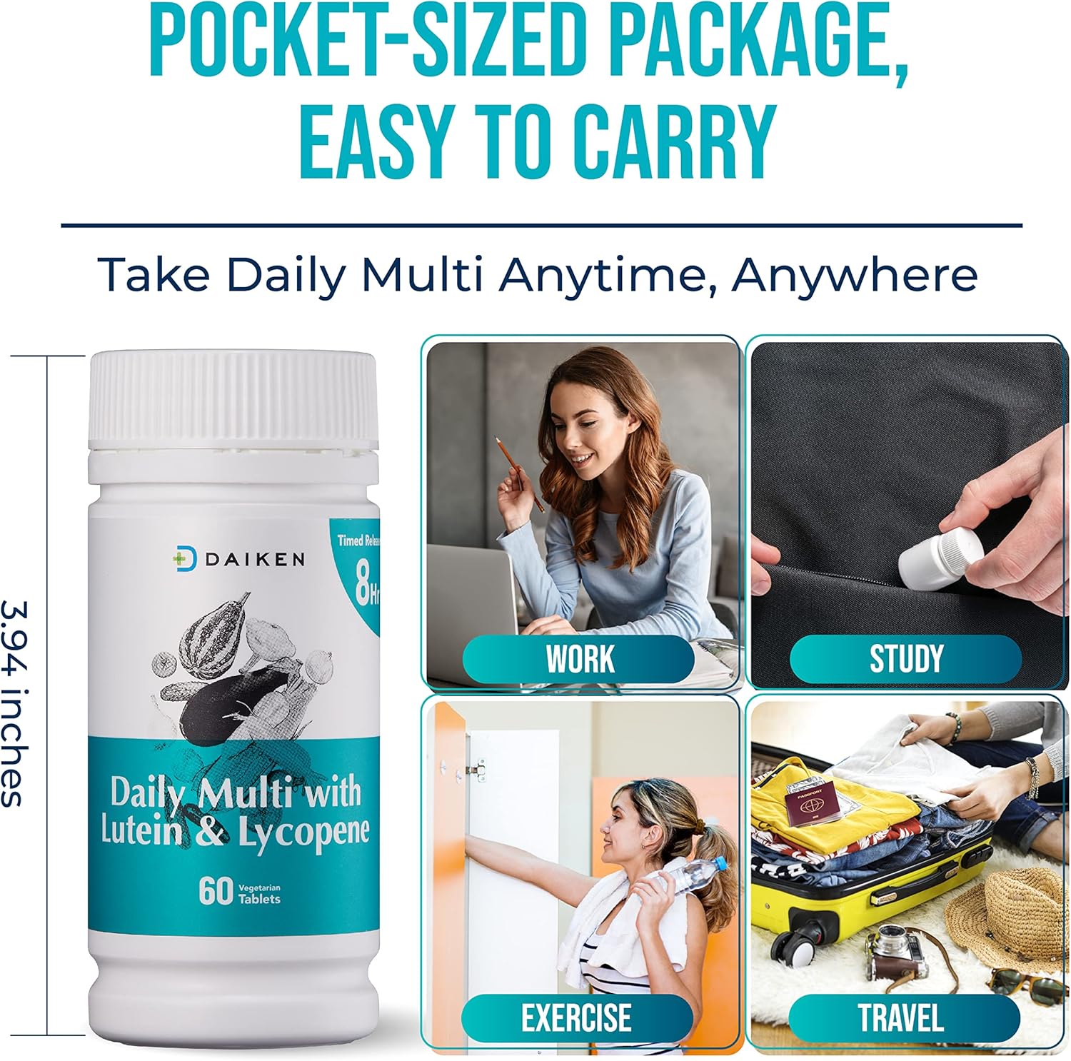 DAIKEN 27 Full Spectrum Mini Multivitamin with Lutein, Lycopene, and Folic Acid - Time Released, Vegan Formula for Women and Men - 60 Easy-to-Swallow Tablets