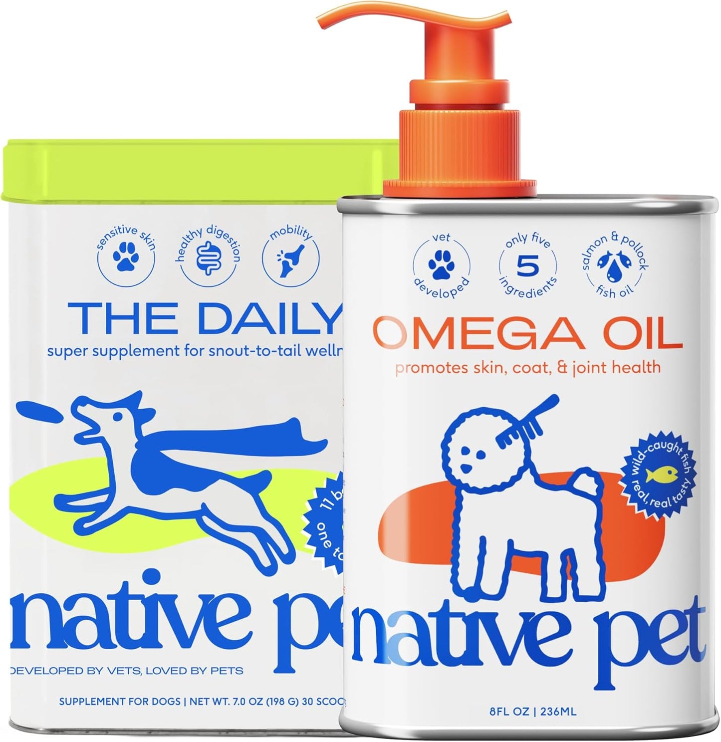 Daily Dog Multivitamin and Omega Oil Bundle for Dogs - Native Pet Pack Leaders (7 oz. & 8 oz.)