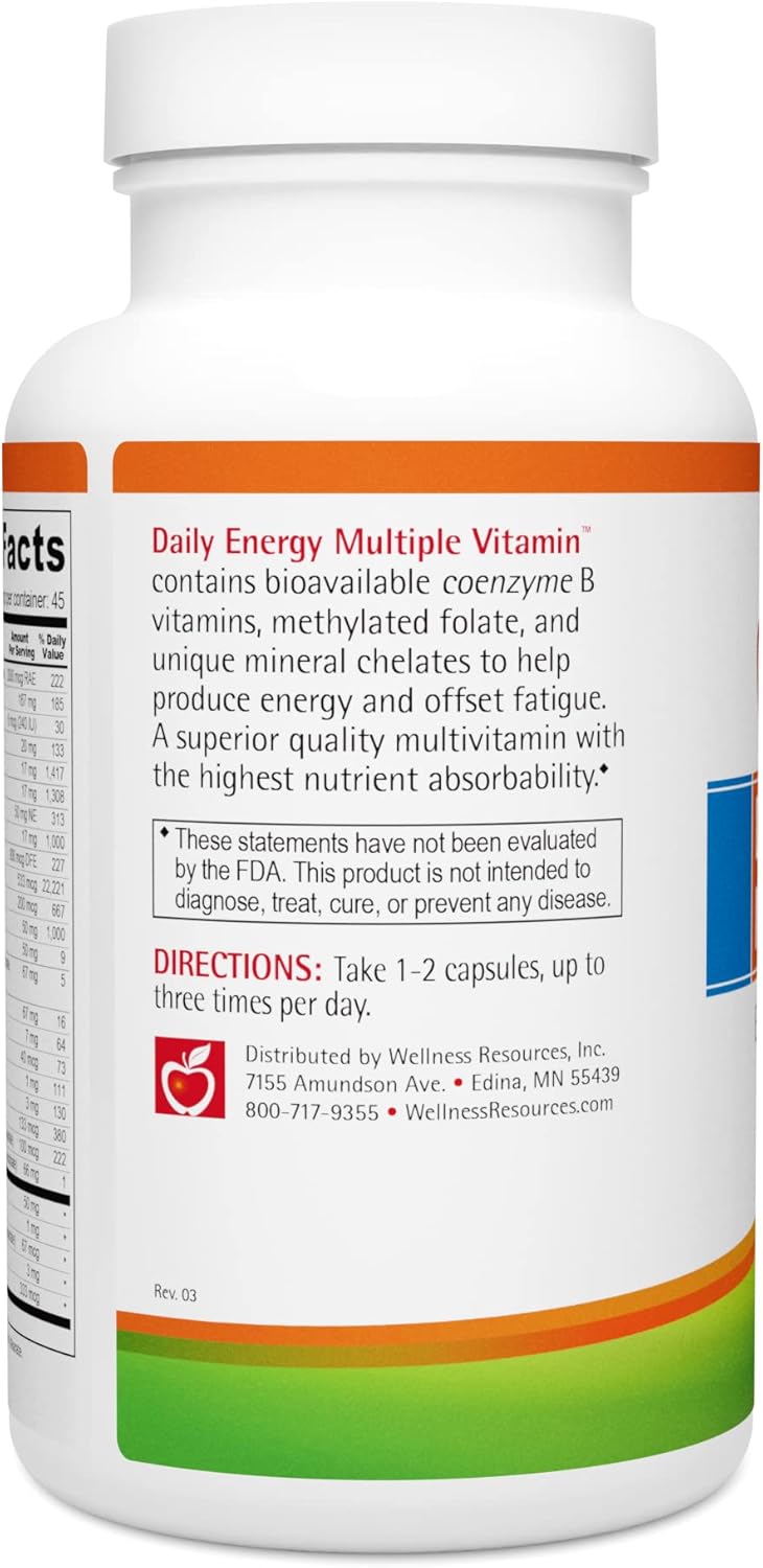 Daily Energy Multiple Vitamin with Coenzyme B Vitamins, Methylfolate, B12 & Cofactors for Energy, Stress, Mood - 90 Capsules