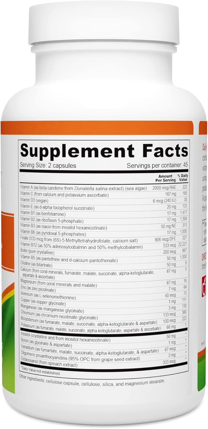 Daily Energy Multiple Vitamin with Coenzyme B Vitamins, Methylfolate, B12 & Cofactors for Energy, Stress, Mood - 90 Capsules