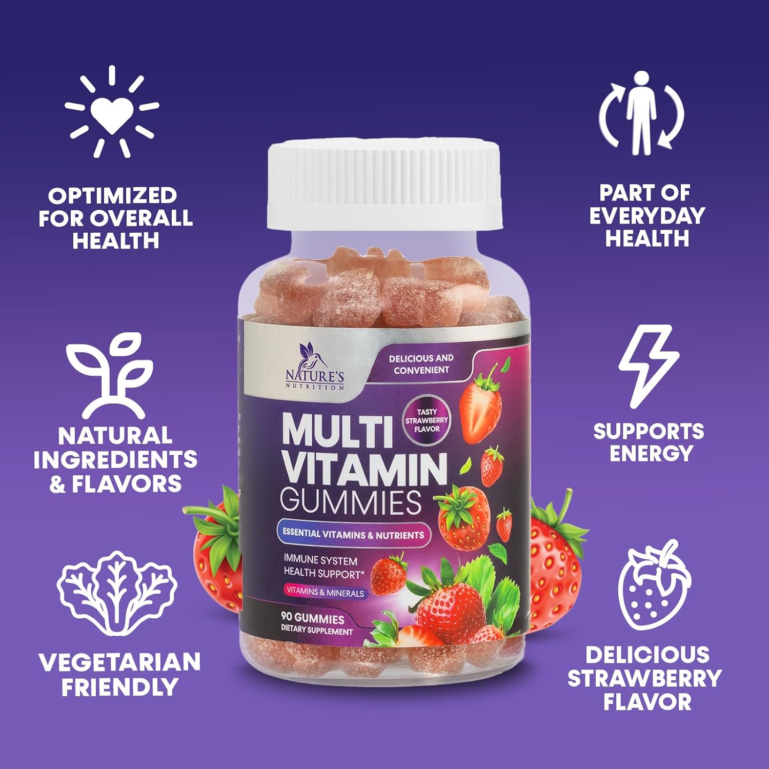Daily Immune Support Multivitamin Gummies for Adults - 90 Berry Flavored Gummies with 13 Essential Vitamins and Minerals for Men & Women by Nature's Nutrition