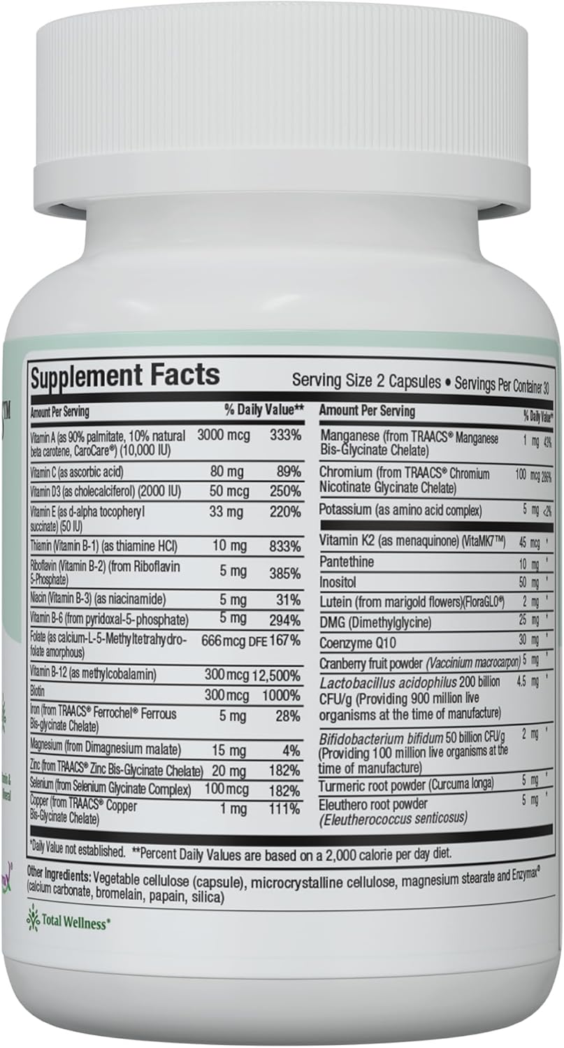 Daily Multivitamin for Men and Women - 30 Nutrient Maxicaps with Iron, Zinc, Probiotics, and Immune Support - Easy to Swallow - 60 Capsules