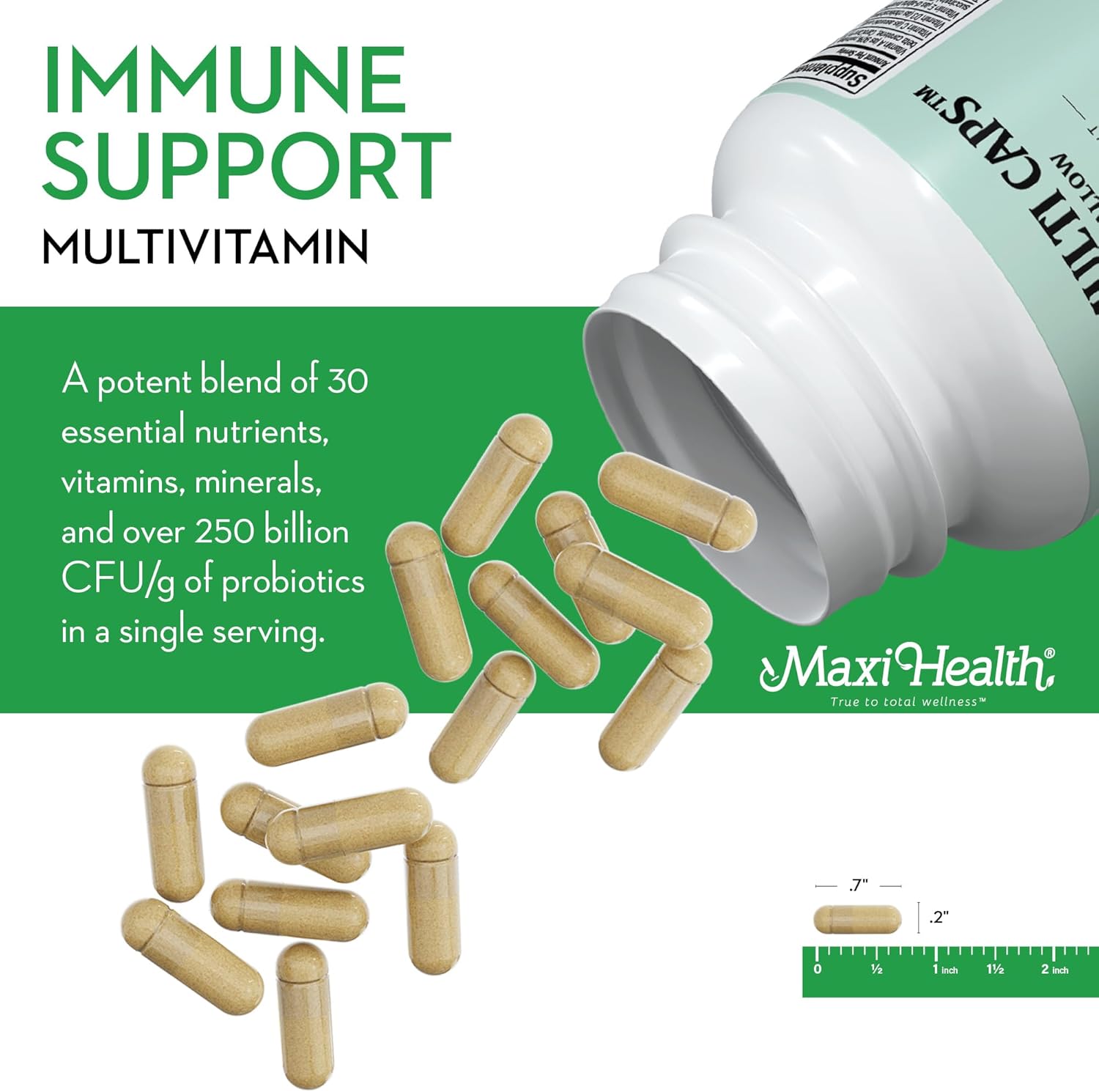 Daily Multivitamin for Men and Women - 30 Nutrient Maxicaps with Iron, Zinc, Probiotics, and Immune Support - Easy to Swallow - 60 Capsules