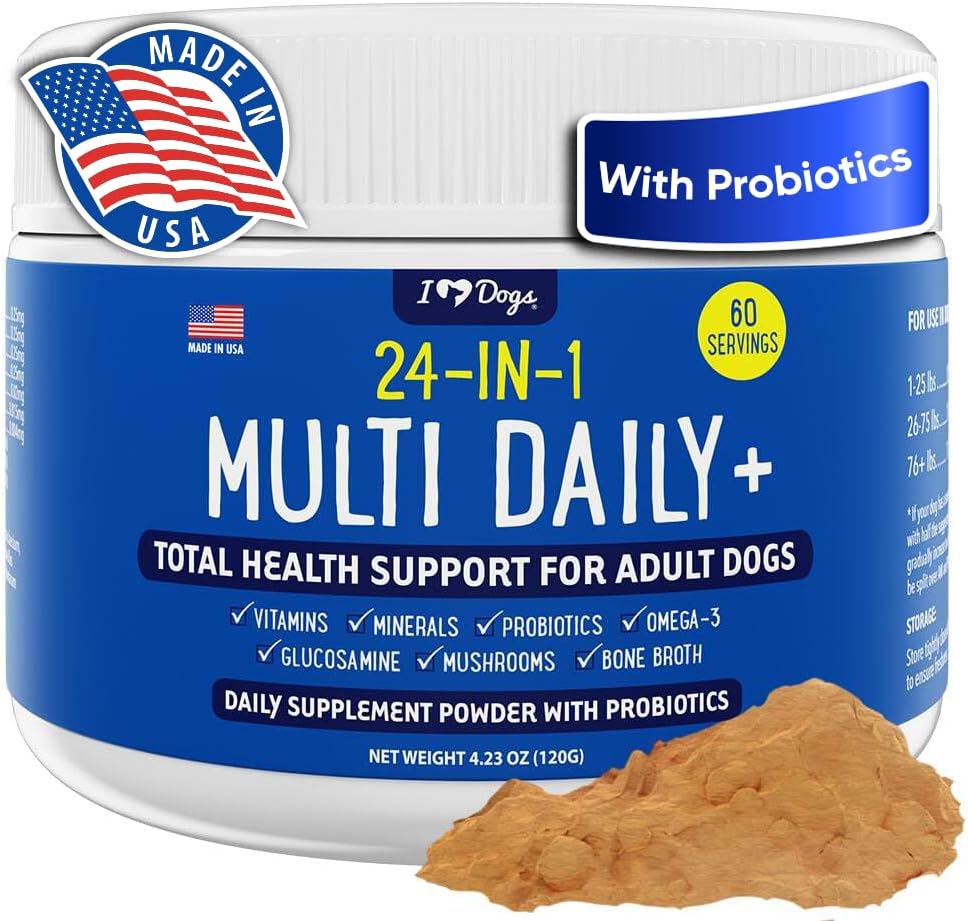Daily+ Total Health Support Powder for Adult Dogs - 24-in-1 Multivitamin with Probiotics, Omega-3, Glucosamine, Mushrooms, Bone Broth - 60 Servings