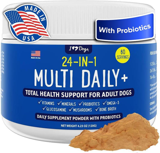 Daily+ Total Health Support Powder for Adult Dogs - 24-in-1 Multivitamin with Probiotics, Omega-3, Glucosamine, Mushrooms, Bone Broth - 60 Servings