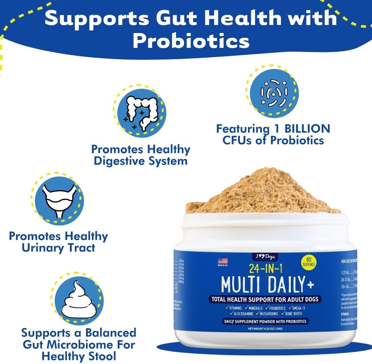 Daily+ Total Health Support Powder for Adult Dogs - 24-in-1 Multivitamin with Probiotics, Omega-3, Glucosamine, Mushrooms, Bone Broth - 60 Servings
