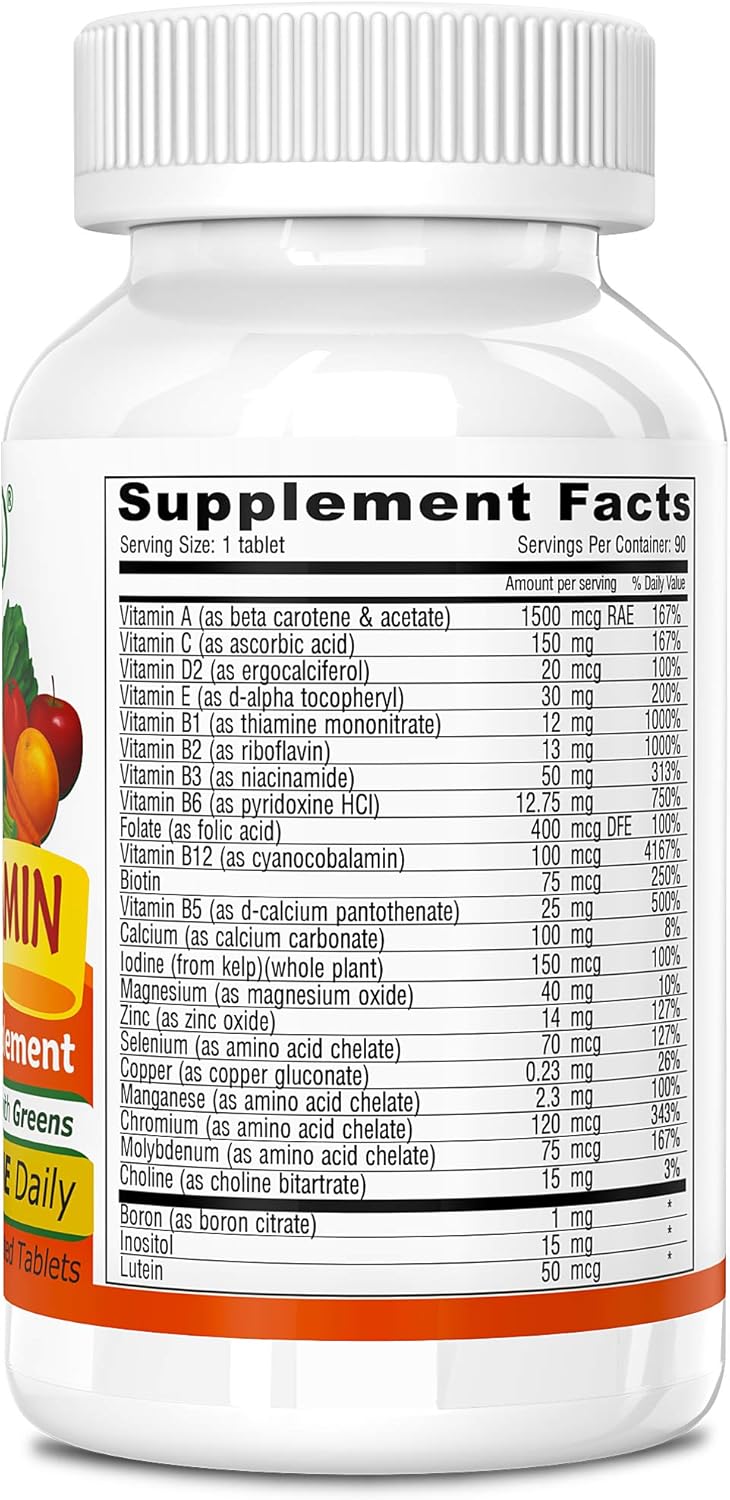 Daily Vegan Multivitamin with Minerals & Greens - Iron-Free Formula - 90 Tablets