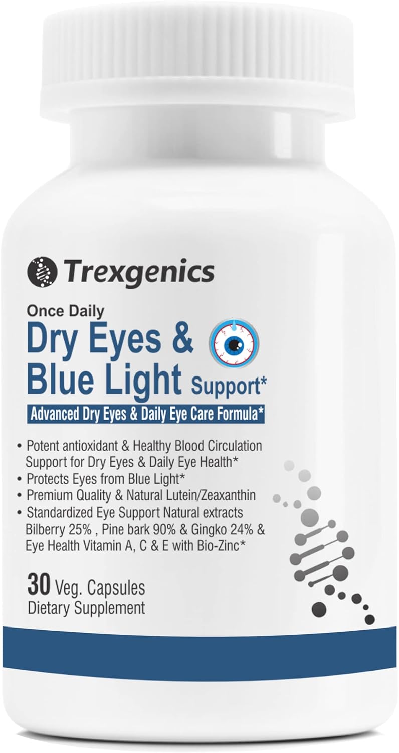 Daily Vegetarian Formula for Dry Eyes & Blue Light Support - Lutein 10mg, Zeaxanthin 2mg, Bilberry, Ginkgo, Pine Bark, Vitamin C, Zinc & Vitamin A - 30 Veg Capsules