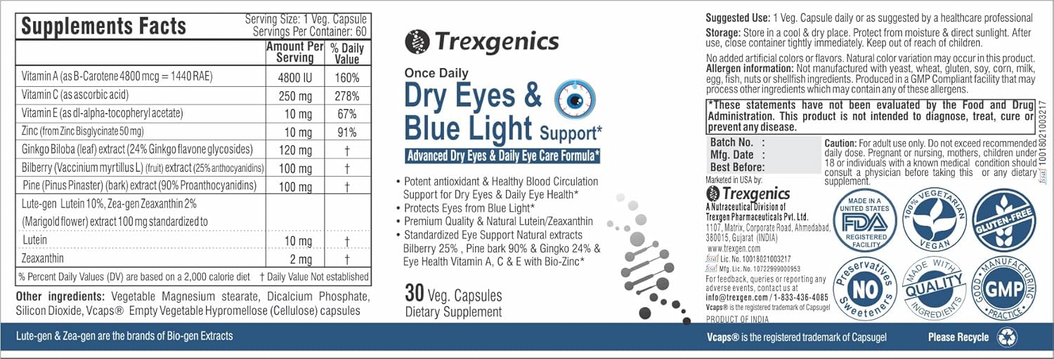 Daily Vegetarian Formula for Dry Eyes & Blue Light Support - Lutein 10mg, Zeaxanthin 2mg, Bilberry, Ginkgo, Pine Bark, Vitamin C, Zinc & Vitamin A - 30 Veg Capsules