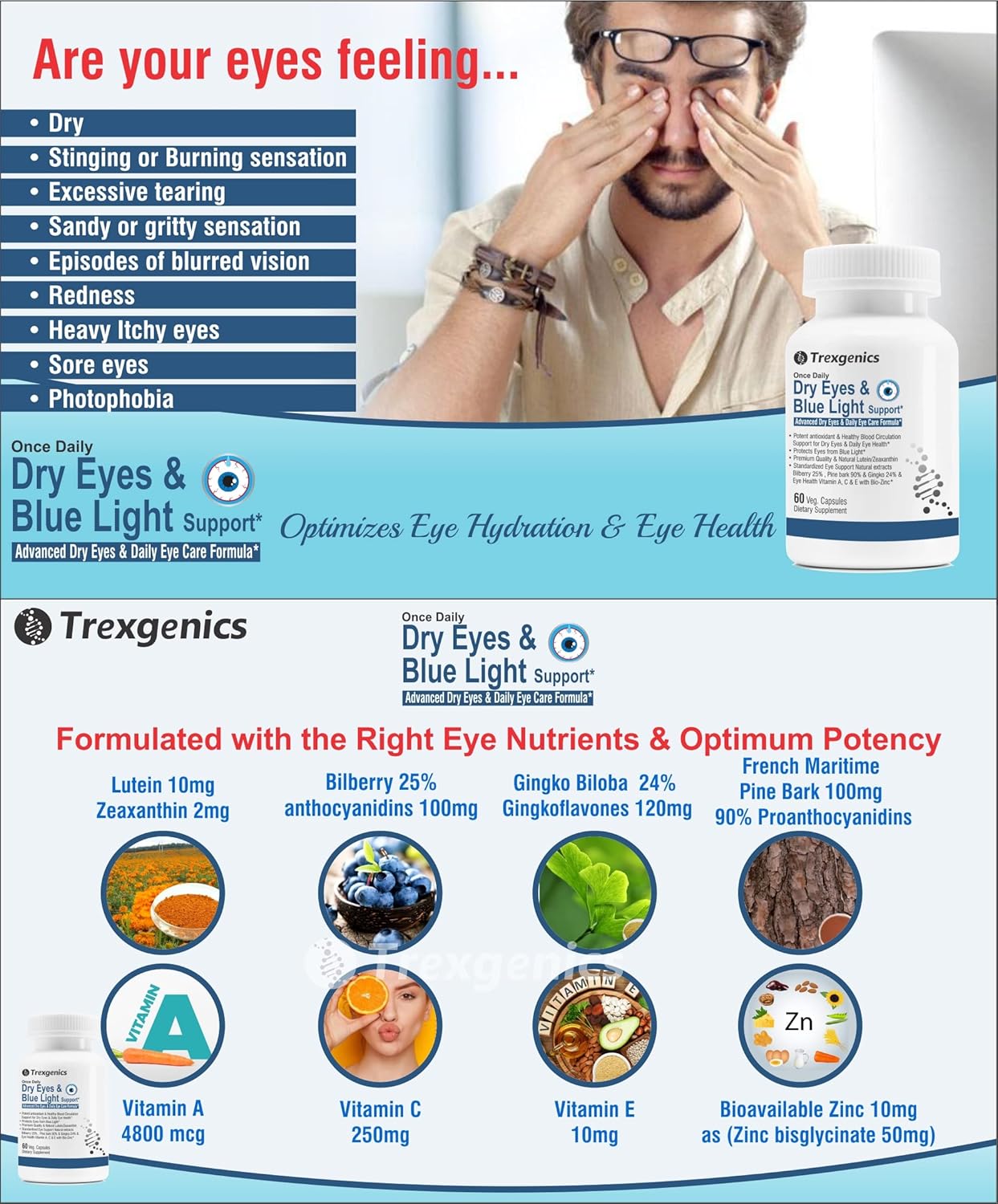 Daily Vegetarian Formula for Dry Eyes & Blue Light Support - Lutein 10mg, Zeaxanthin 2mg, Bilberry, Ginkgo, Pine Bark, Vitamin C, Zinc & Vitamin A - 30 Veg Capsules