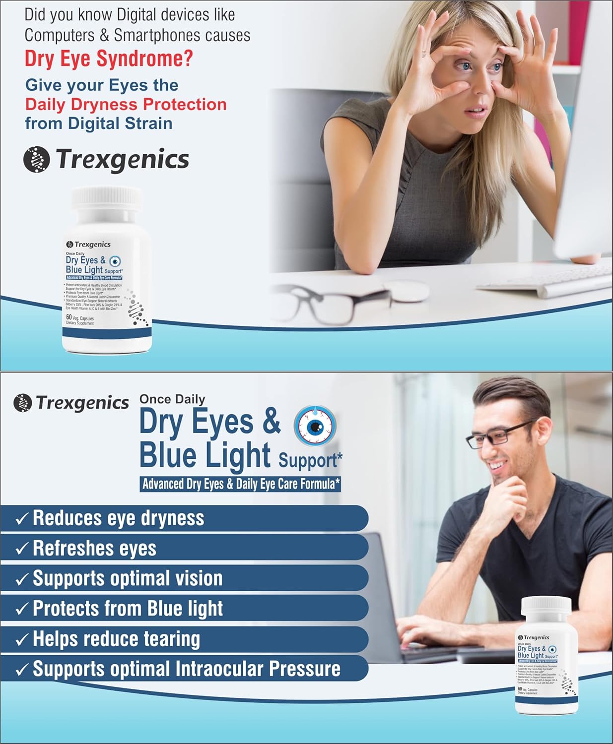 Daily Vegetarian Formula for Dry Eyes & Blue Light Support - Lutein 10mg, Zeaxanthin 2mg, Bilberry, Ginkgo, Pine Bark, Vitamin C, Zinc & Vitamin A - 30 Veg Capsules