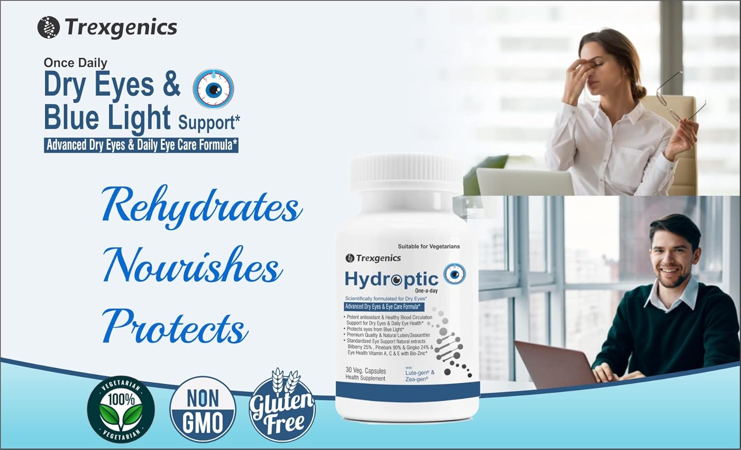 Daily Vegetarian Formula for Dry Eyes & Blue Light Support - Lutein 10mg, Zeaxanthin 2mg, Bilberry, Ginkgo, Pine Bark, Vitamin C, Zinc & Vitamin A - 30 Veg Capsules