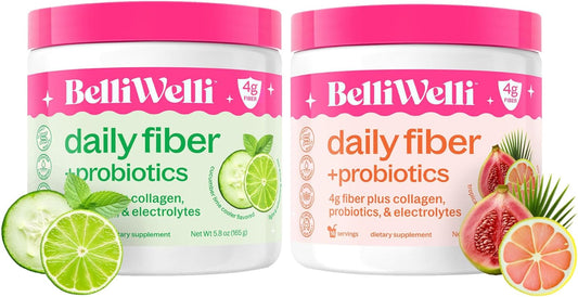 Daily Wellness Fiber Supplement Bundle with Collagen, Probiotics & Electrolytes - Tropical Breeze & Cucumber Lime Mint Flavors - 32 Servings