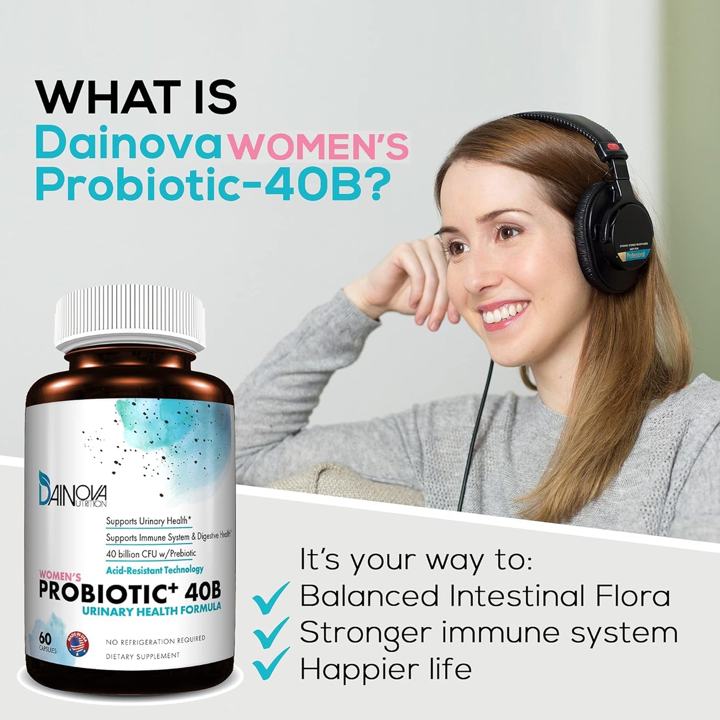 Dainova Probiotics for Women: 40 Bil CFU for Vaginal & Urinary Tract Health, Yeast Infection, UTI - 60 Capsules
