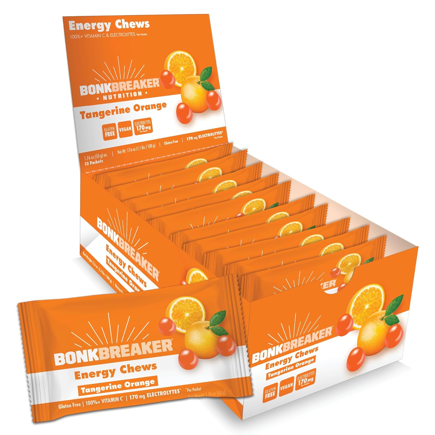 Dairy-Free Gluten-Free Tangerine Orange Energy Chews for Quick Energy and Focus - 1 Box of 10 Packets