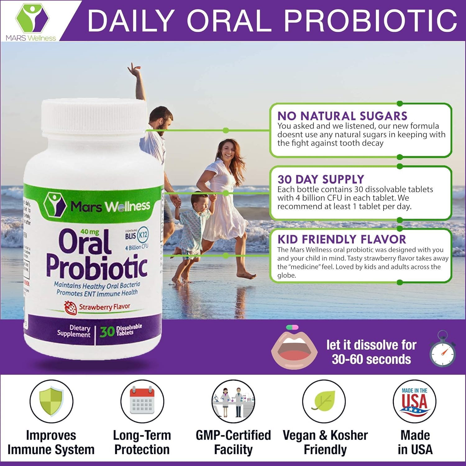 Dairy-Free Oral Probiotic Supplement with BLIS K12 - 60 Day Supply for Oral Health - Sugar-Free - Made in USA